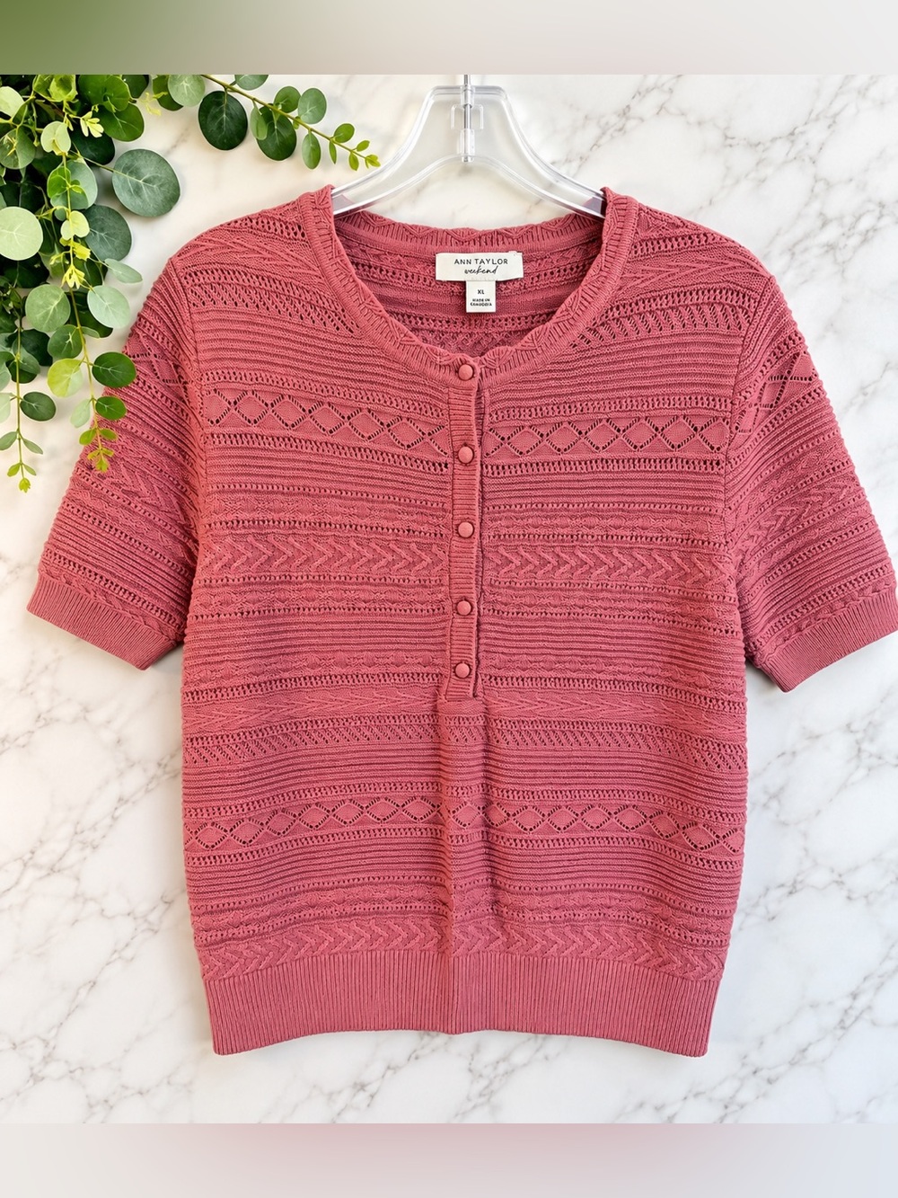 Ann Taylor Weekend Pink Pointelle Knit Short Sleeve Cardigan XL 100% Cotton